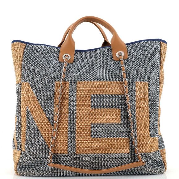 Chanel Deauville Logo Shopping Tote Printed Raffia Large Blue, Neutral - Picture 4 of 7